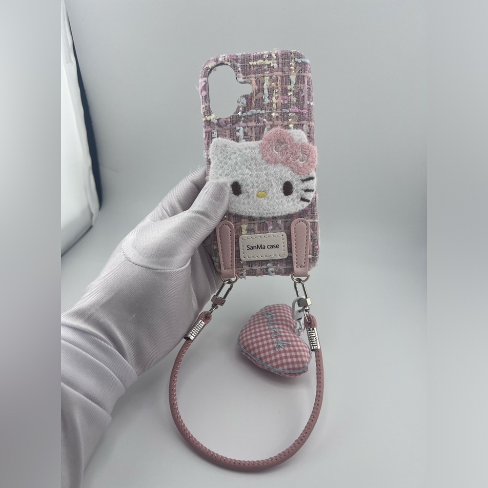 iPhone 16 Case – Pink Tweed Hello Kitty Style with Strap Hooks,Cute & Stylish - Picture 5 of 5